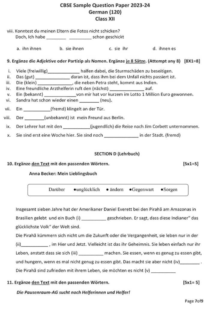 German Sample CBSE Class 12th German Sample Paper 2023-24. See PHOTOS HERE