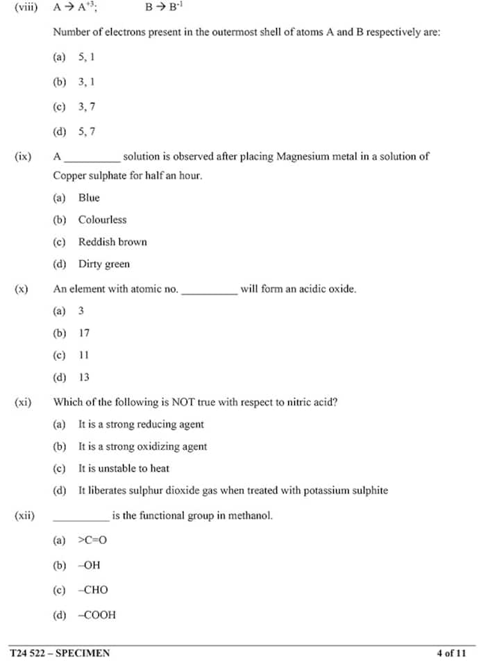 CISCE ICSE Class 10th Chemistry Specimen Question Paper 2024. See