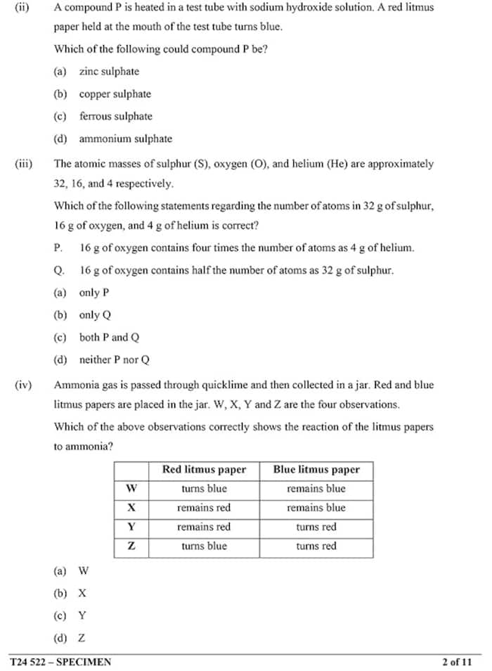 CISCE ICSE Class 10th Chemistry Specimen Question Paper 2024. See