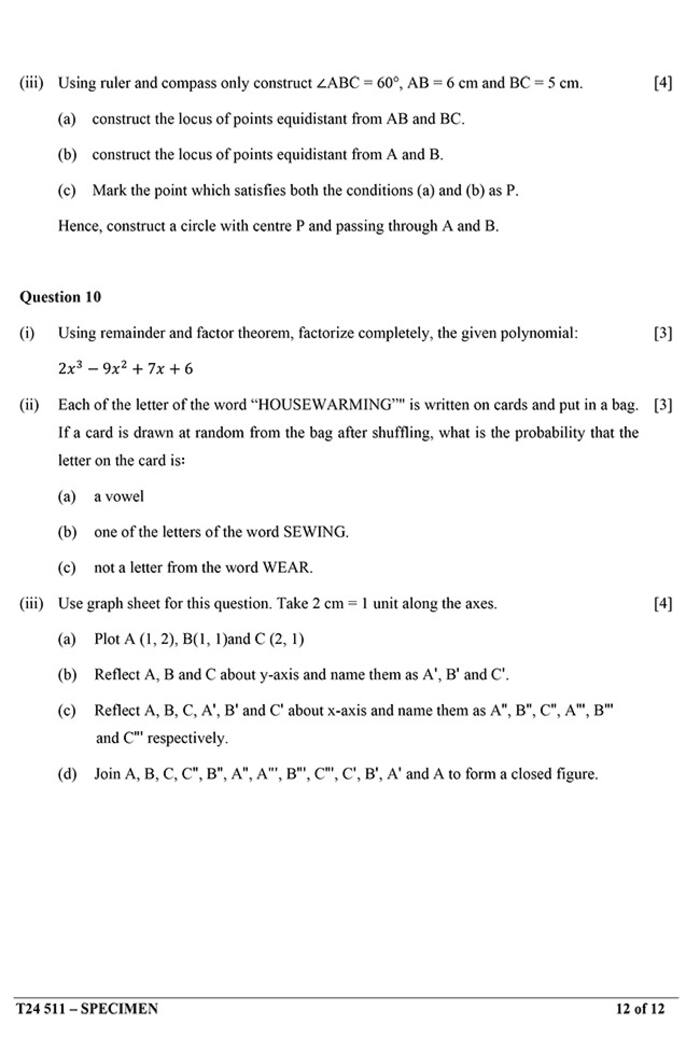 CISCE ICSE Class 10th Mathematics Specimen Question Paper 2024. See