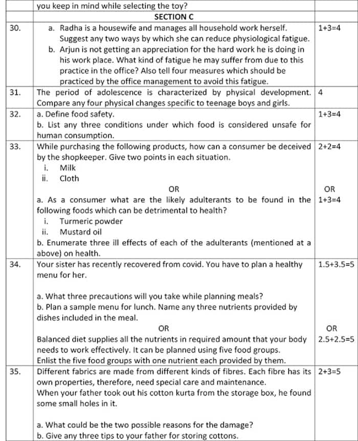 CBSE Class 10th Home Science Sample Paper 202223. See PHOTOS HERE