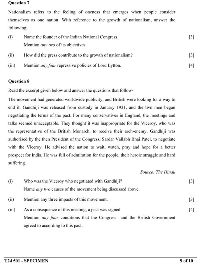 Cisce Icse Class 10th History And Civics Specimen Question Paper 2024 See Photos Here 3771