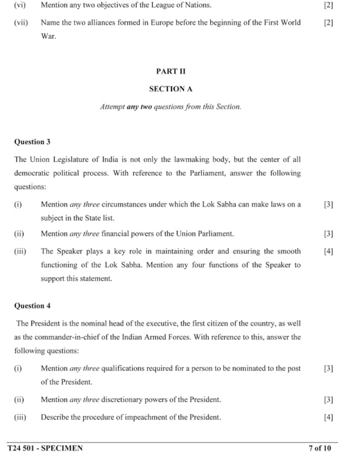 CISCE ICSE Class 10th History & Civics Specimen Question Paper 2024 ...