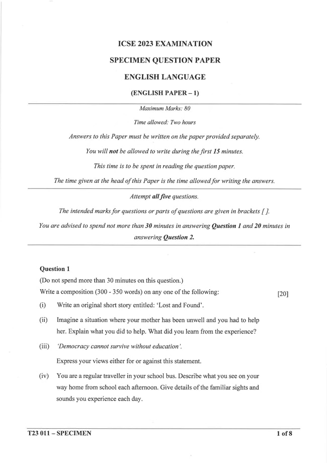 ICSE Class 10 English Language Specimen Question Paper 2023