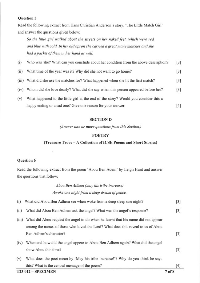 ICSE Class 10 English Literature Specimen Question Paper 2023