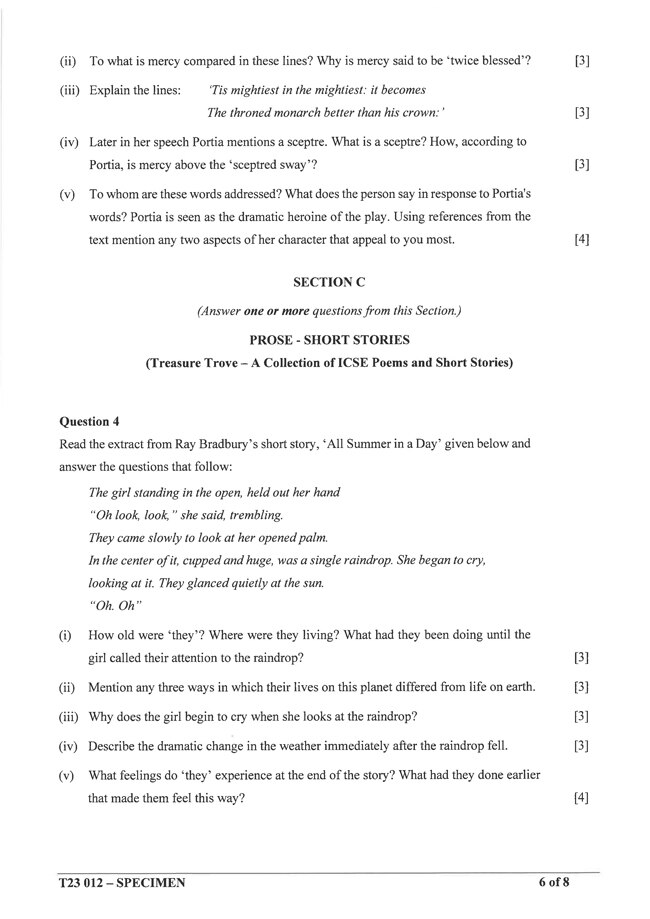 ICSE Class 10 English Literature Specimen Question Paper 2023
