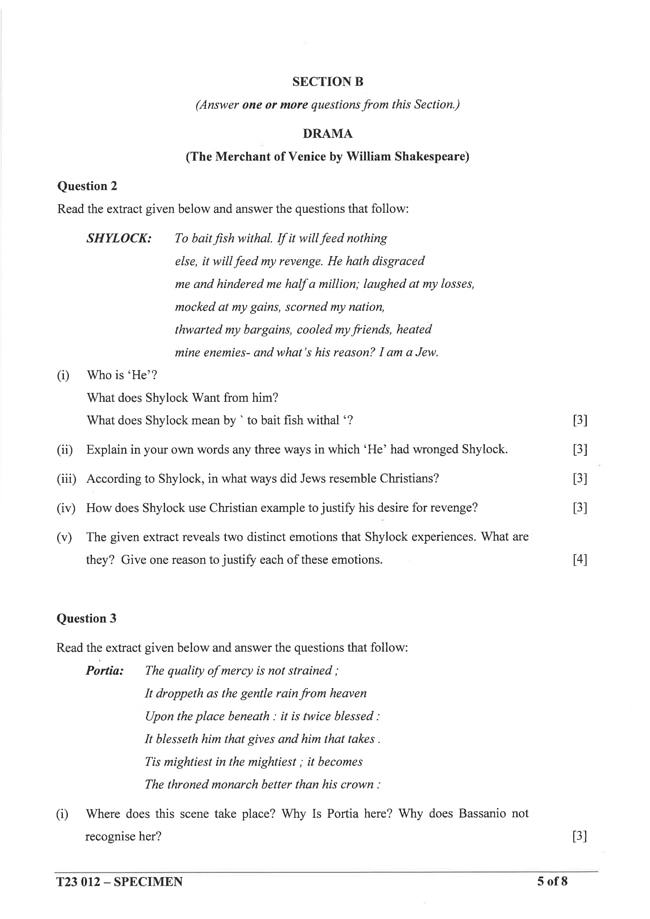 ICSE Class 10 English Literature Specimen Question Paper 2023