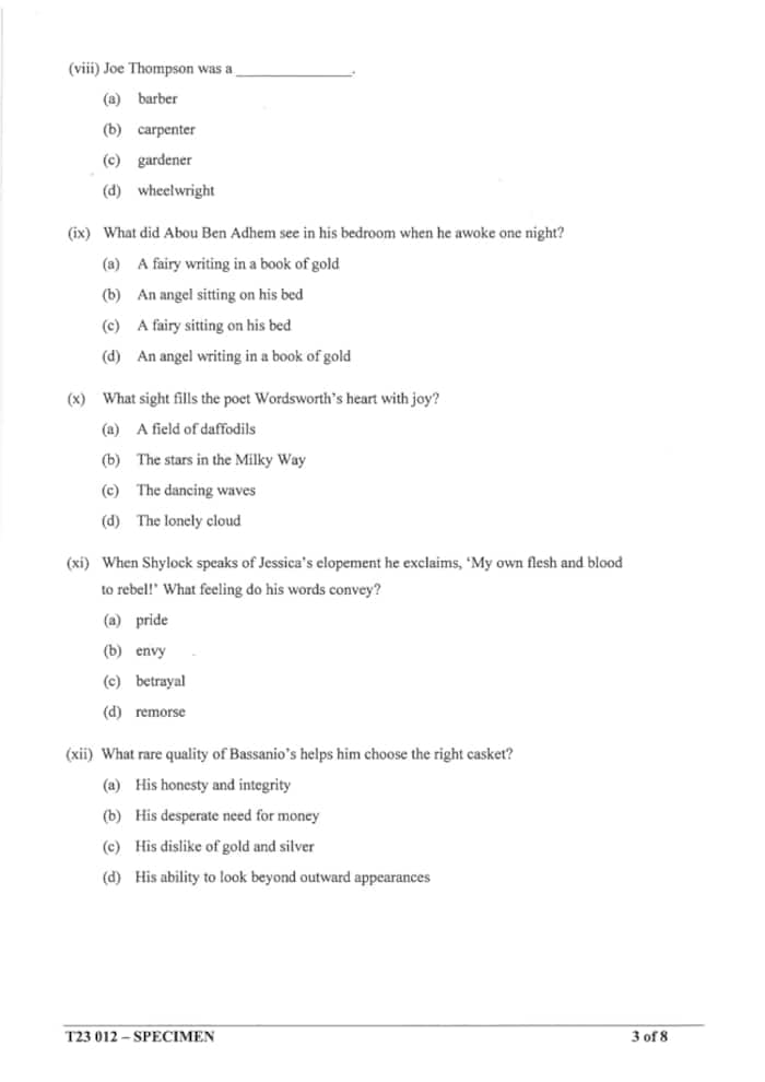 ICSE Class 10 English Literature Specimen Question Paper 2023