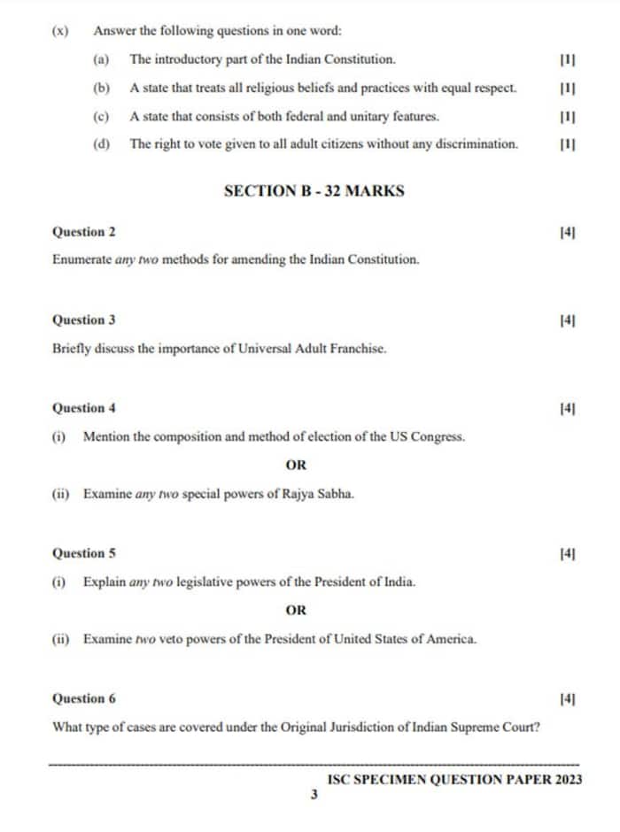 ISC Class 12 Political Science Specimen Question Paper 2023
