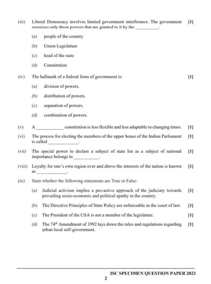 ISC Class 12 Political Science Specimen Question Paper 2023