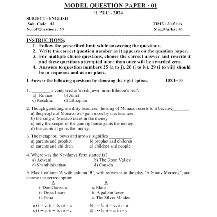 Karnataka 2nd PUC English Model Question Papers 2024