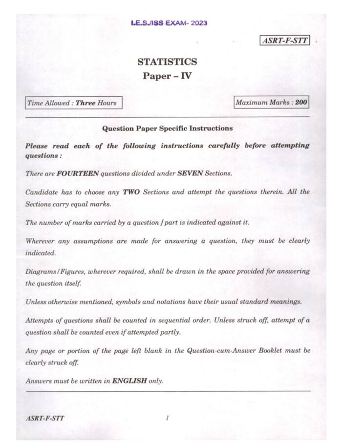 Statistics Sample Paper Indian Economic Service - Indian Statistical Service Examination, 2023 ...