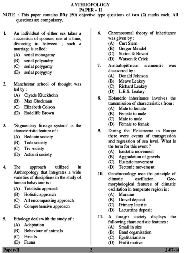 UGC NET June 2014 Anthropology (Paper - II) Question Paper