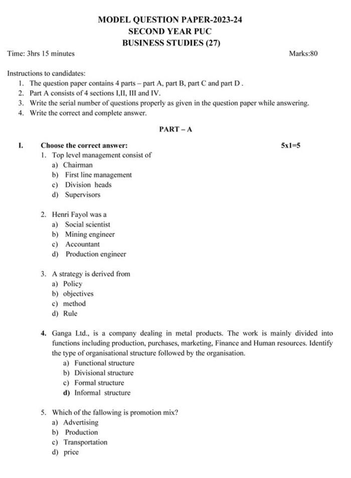 Karnataka 2nd PUC Busi. Studies Model Question Papers 2024