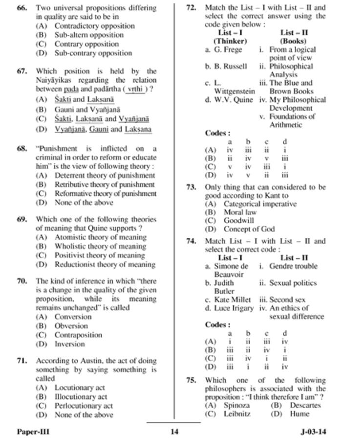 UGC NET June 2014 Philosophy (Paper-III) Question Paper