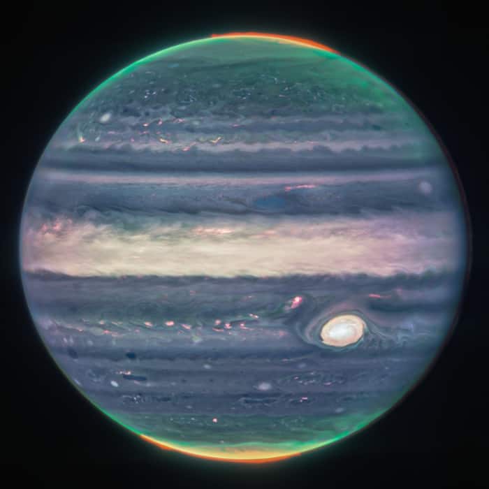 A composite image of Jupiter taken by the James Webb Space Telescopes Near-Infrared Camera (NIRCam)