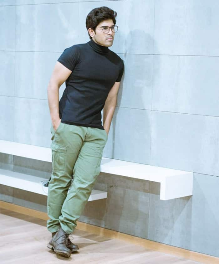 Allu Sirish wears a stylish black roll-neck t-shirt