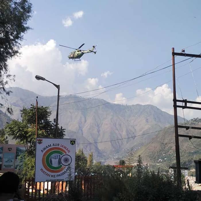 An army helicopter approaches towards Uri army camp, Kashmir