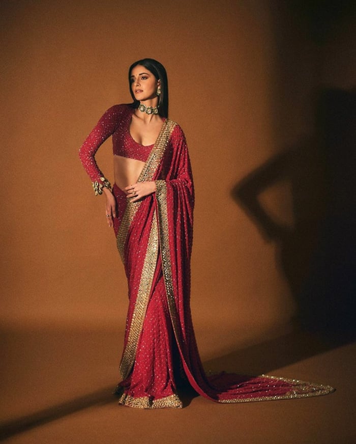 Ananya Panday Slays in Arpita Mehtas Red Hand Embroidered Saree
