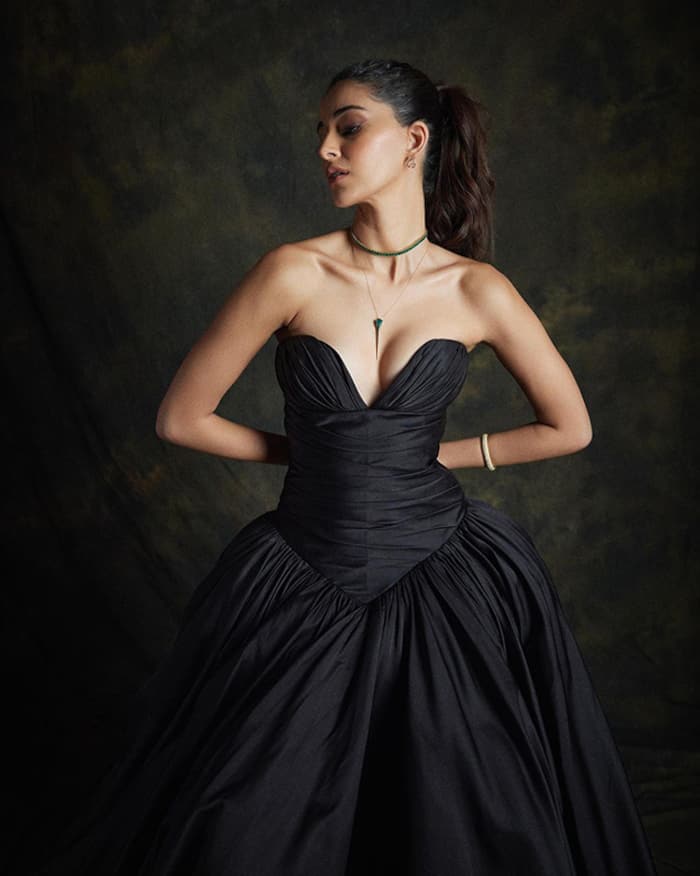 Ananya Panday wears a corsetted black gown with tons of fabric
