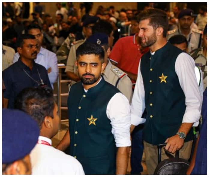 Babar Azam and Shaheen Shah Afridi on their arrival at the Rajiv Gandhi International Airport in Hyderabad 