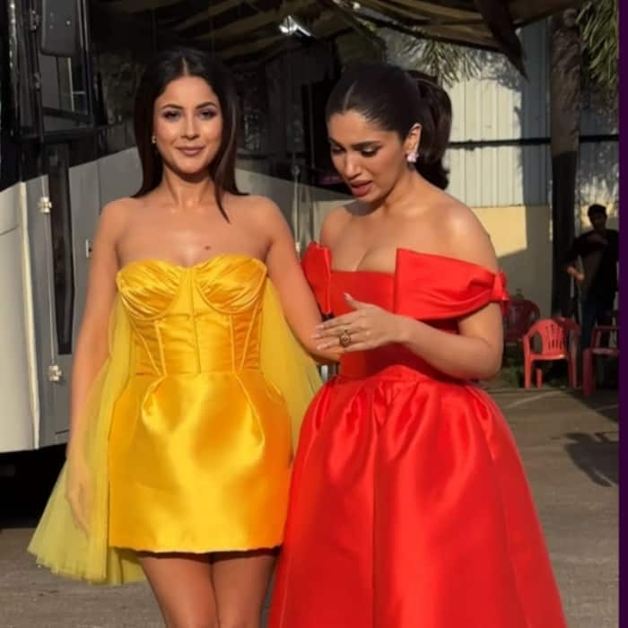 Bhumi Pednekar was seen in a orange off shoulder dress with ruffled sleeves