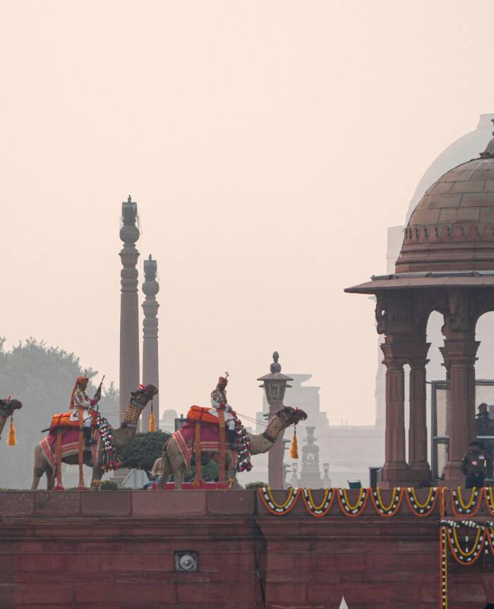 Camel mounted Border Security Force  BSF  personnel during the Beating Retreat ceremony at Vijay Chowk in New Delhi