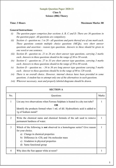 Cbse Board Class 10 Exam 2021 Download Class 10 Science Sample Paper Here