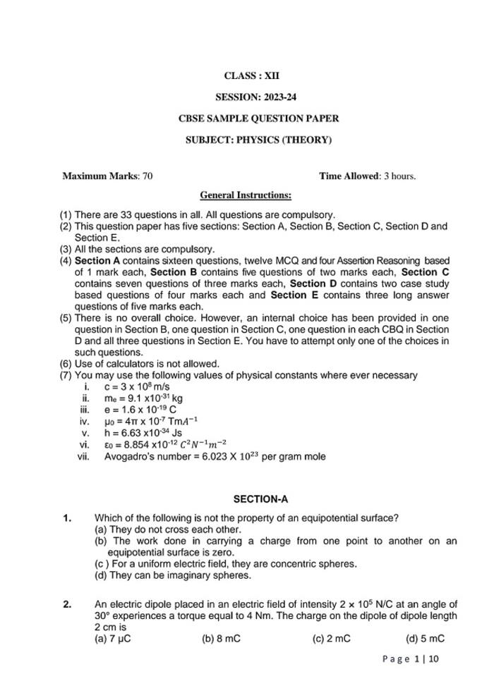 CBSE Class 12th Physics Sample Paper 202324 And Marking Scheme
