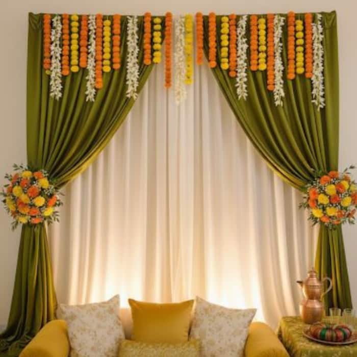 Chaitra Navratri 2026: White and green curtain style decoration idea with flowers