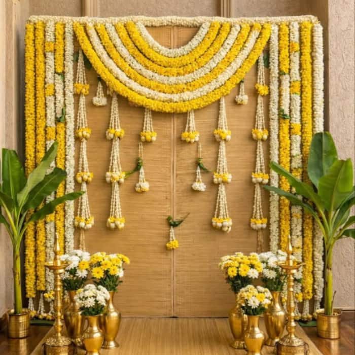 Chaitra Navratri 2026: White and yellow flower decoration idea with banana leaves