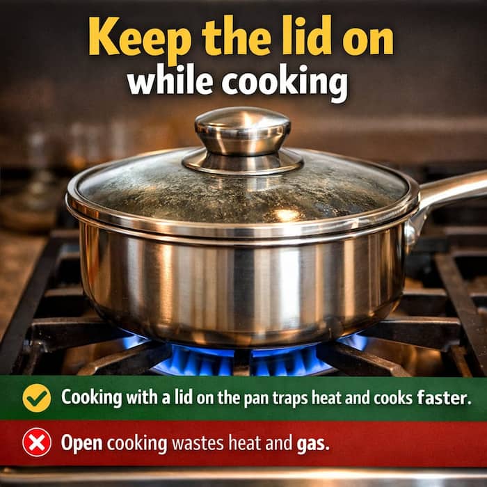 Cooking with a lid on the pan traps heat and cooks food faster 
