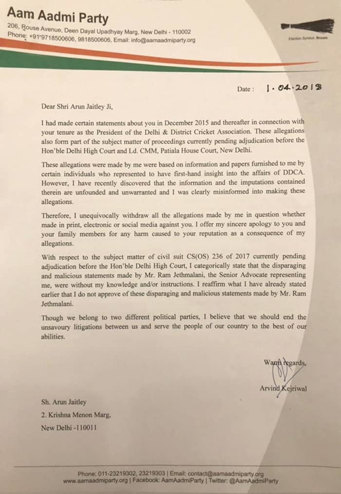 Delhi CM Arvind Kejriwal sends apology letter to Arun Jaitley