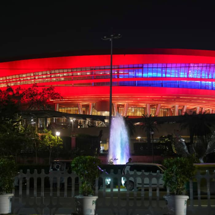 Delhis Bharat Mandapam illuminated with decorative lights ahead of the BRICS Summit