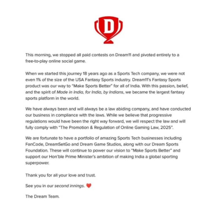 Dream11 s official stand