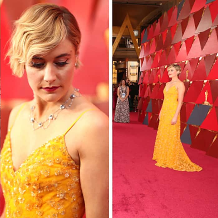 Greta Gerwig in Rodarte and Tiffany at red carpet of 90th Academy Awards