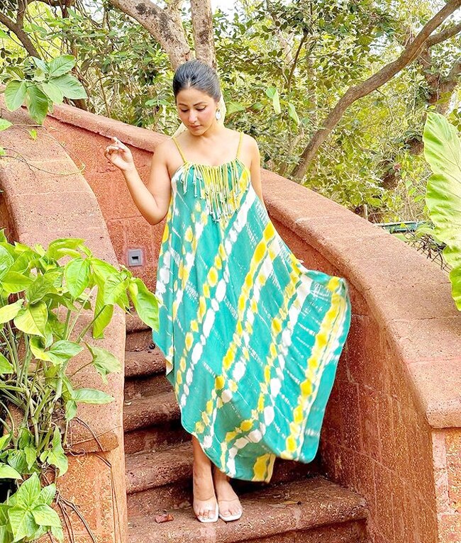 hina khan green dress HINA KHAN In Teal Green Printed Cold Shoulder Mini Kaftan
