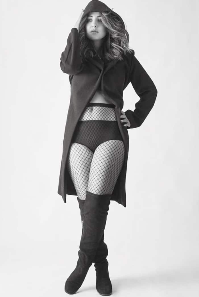 Hina Khan Takes Fashion a Notch Higher in Fishnet Stockings And Black Long Hoodie Coat