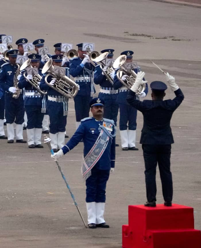 Indian Air Force band personnel perform during the Beating Retreat ceremony at Vijay Chowk