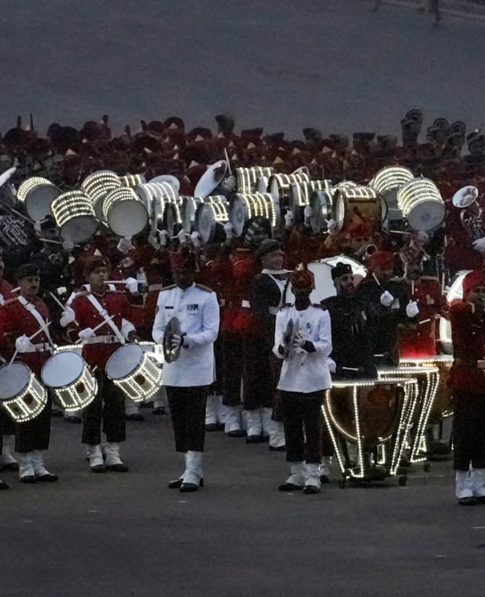 Indian Army band personnel perform during the Beating Retreat ceremony  at Vijay Chowk in New Delhi