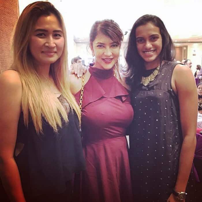 Jwala Gutta snapped with PV Sindhu during a party