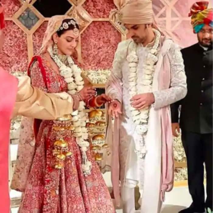 Kajal Aggarwal Shares Official Wedding Pictures Looks Graceful in Anamika Khanna Red Pink Bridal Lehenga