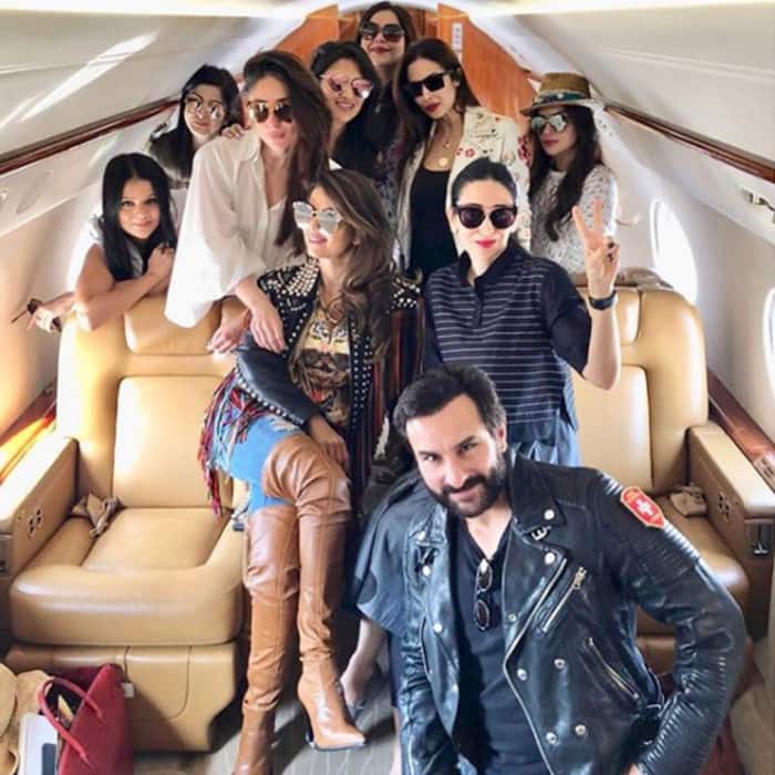Kareena Kapoor, Karisma Kapoor, Saif Ali Khan in a private jet with friends