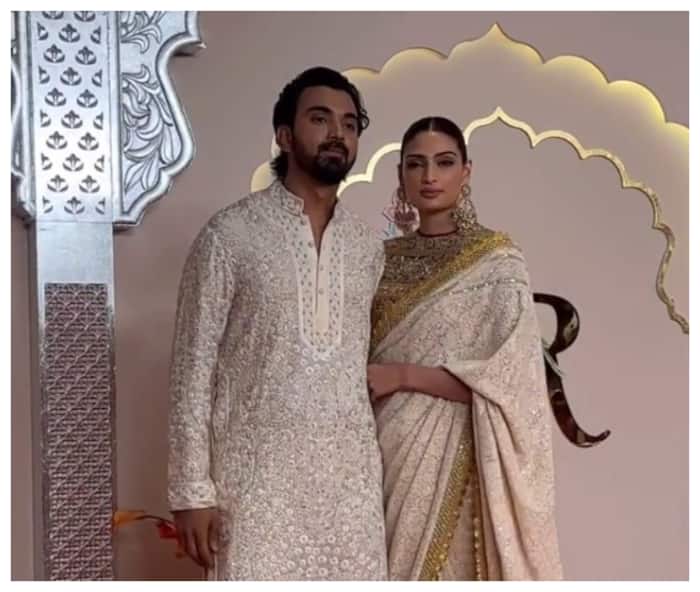 KL Rahul and Athiya Shetty at Anant Ambani-Radhika Merchant wedding in Mumbai.