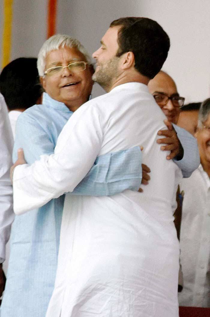 Lalu Prasad Yadav hugs Rahul Gandhi during the swearing-in ceremony