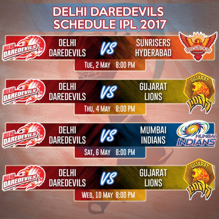 Latest schedule of Vivo IPL 2017 for Delhi Daredevils team
