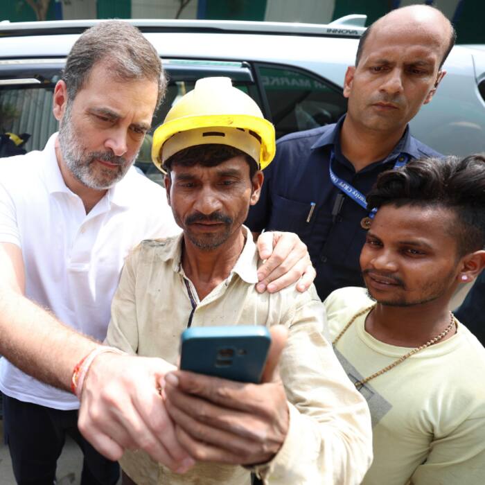 Leader of Opposition in Lok Sabha Rahul Gandhi gets off a DTC bus after taking a ride at Sarojini Nagar Bus depot
