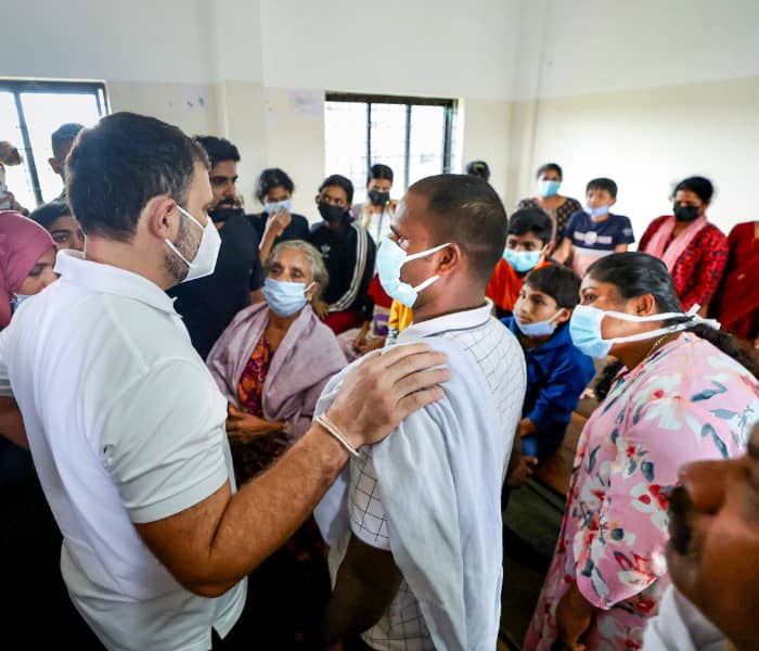 Leader of Opposition in the Lok Sabha Rahul Gandhi visits a relief camp for people affected by the landslides  in Wayanad