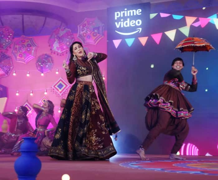 Madhuri Dixit stuns in a maroon lehenga at the trailer launch of Maja Ma on Prime Video