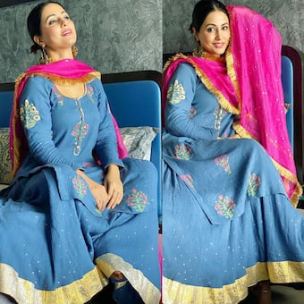 hina khan blue dress HINA KHAN X CRUNK BLUE FLOWER EMBROIDERED MINI DRESS  SHE'LL